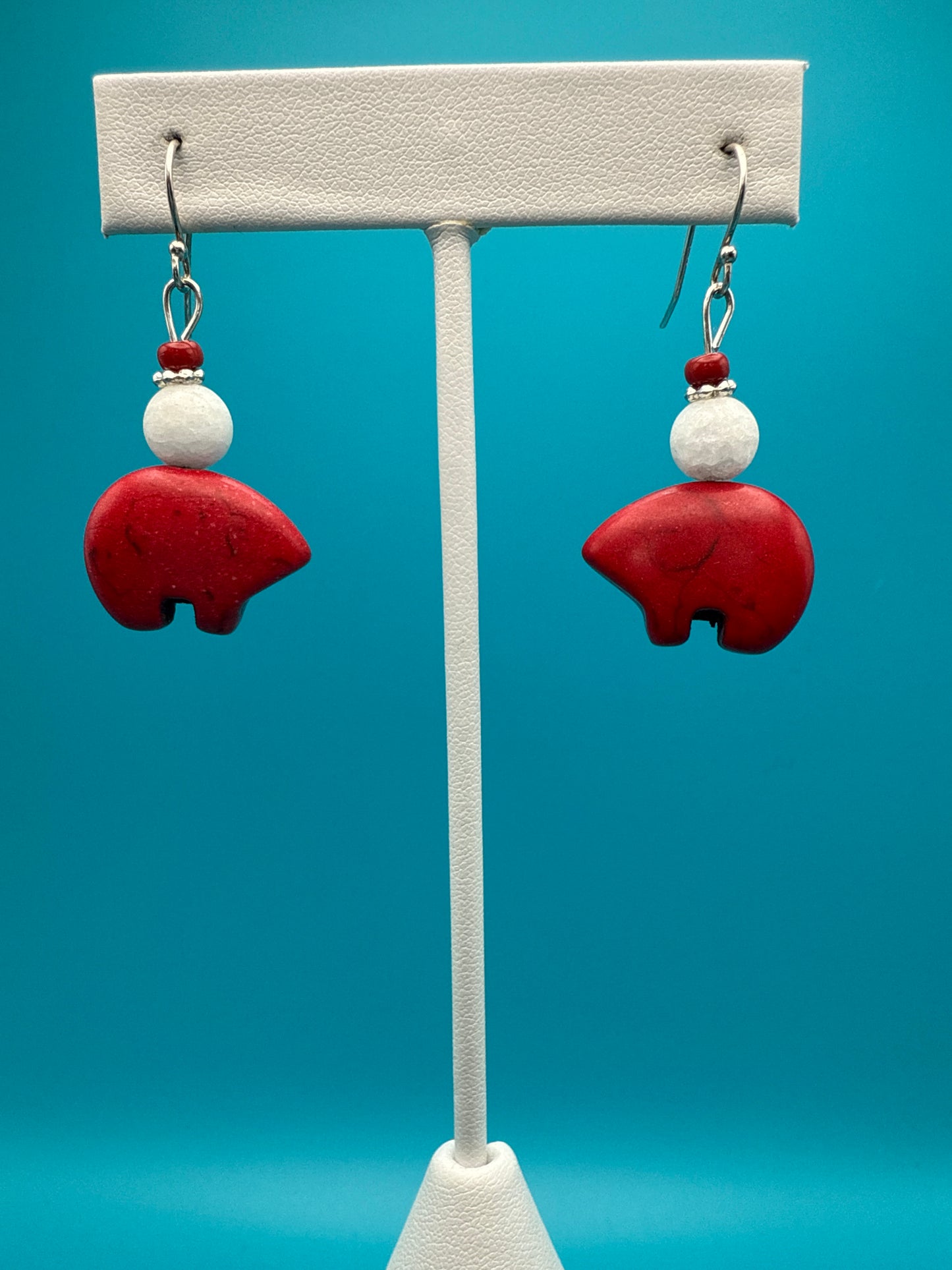 Red Howlite Bear & Quartz Earrings