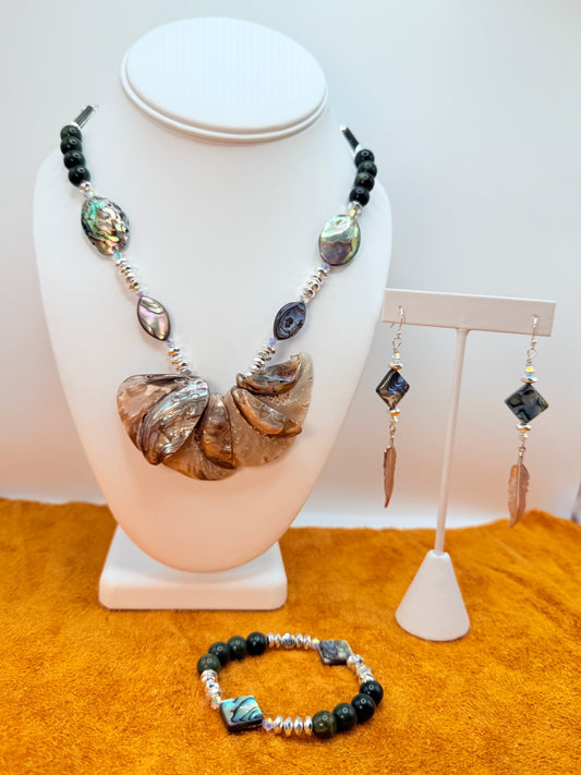 Abalone Shell, BC Jade, and Hematite, Necklace, Earrings and Bracelet set