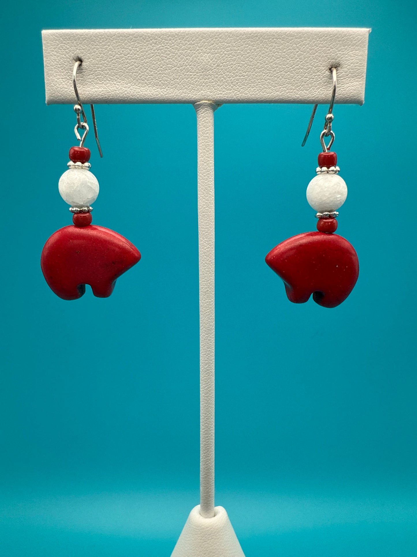 Red Howlite Bear & Quartz Earrings