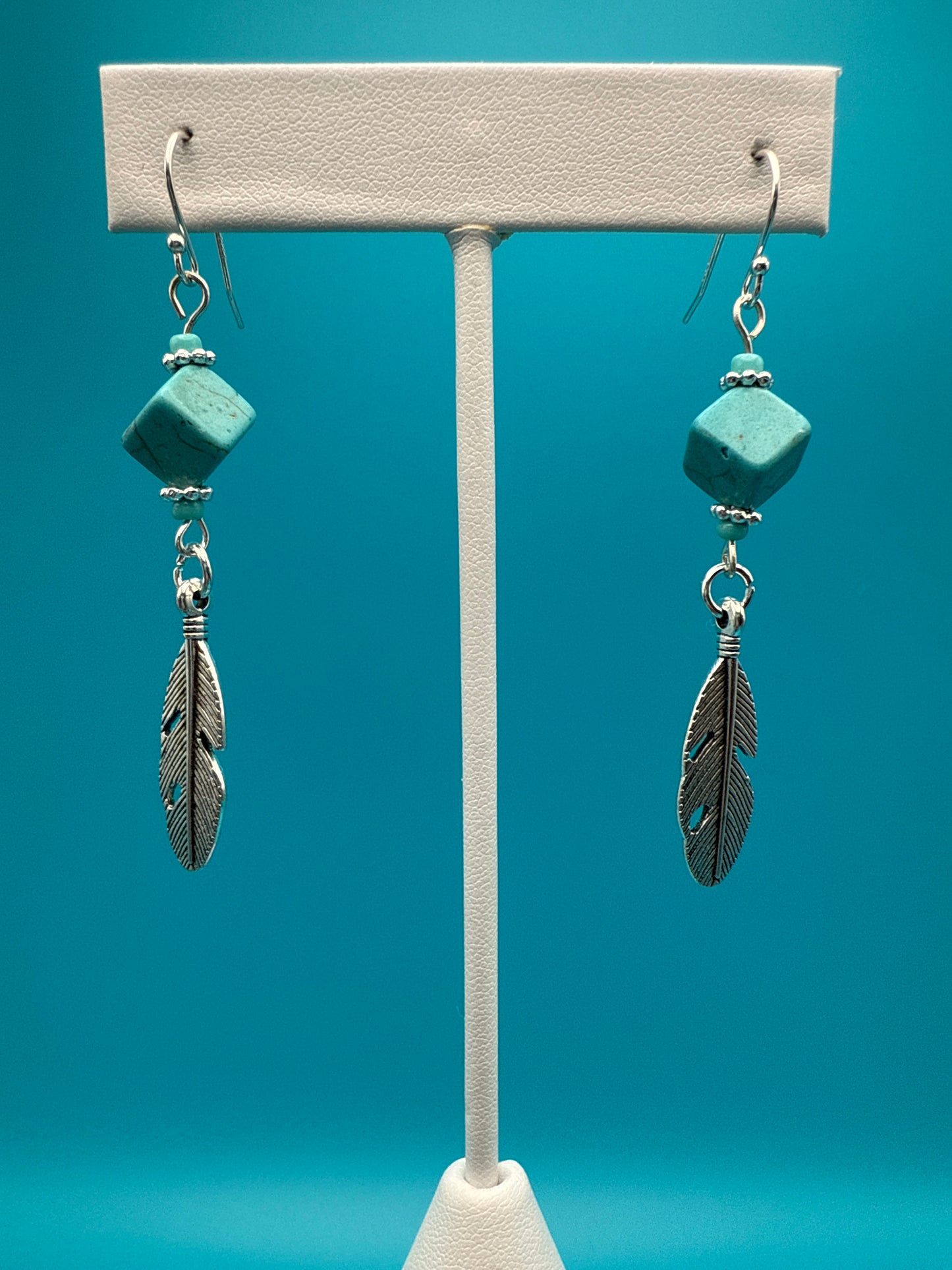 Cube Turquoise Feather Earrings