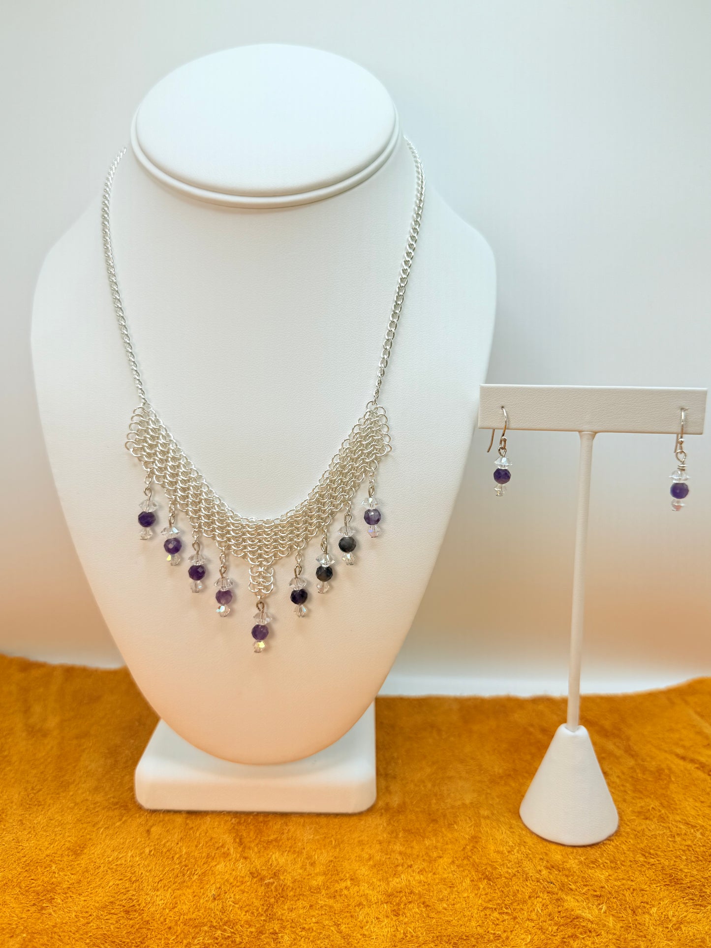 Amethyst & Crystals Chain Link Necklace & Earring set
