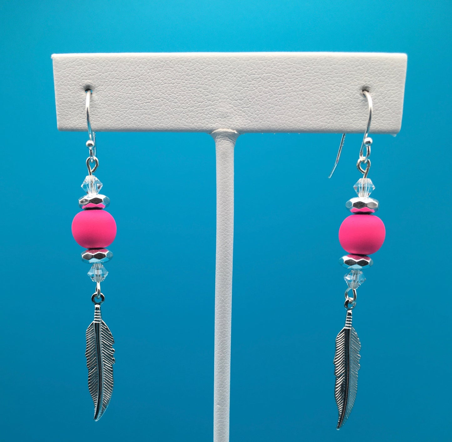 Pink Hematite Czech Crystal Feather Charm Earrings