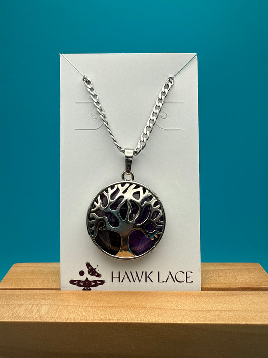 Amethyst Tree Charm Pendant Stainless Chain