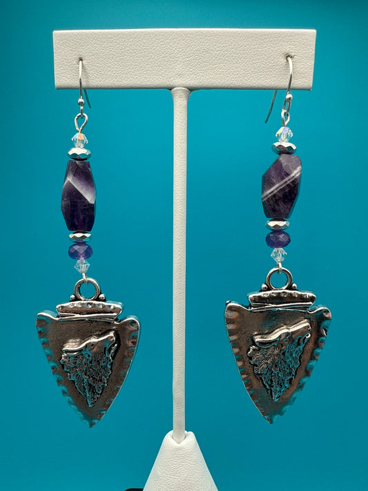 Chevron Amethyst Arrowhead Wolf Earrings