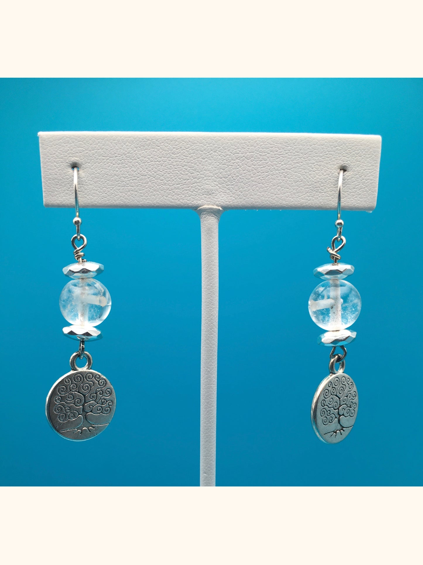 Clear Quartz Hematite Tree Charm Earrings