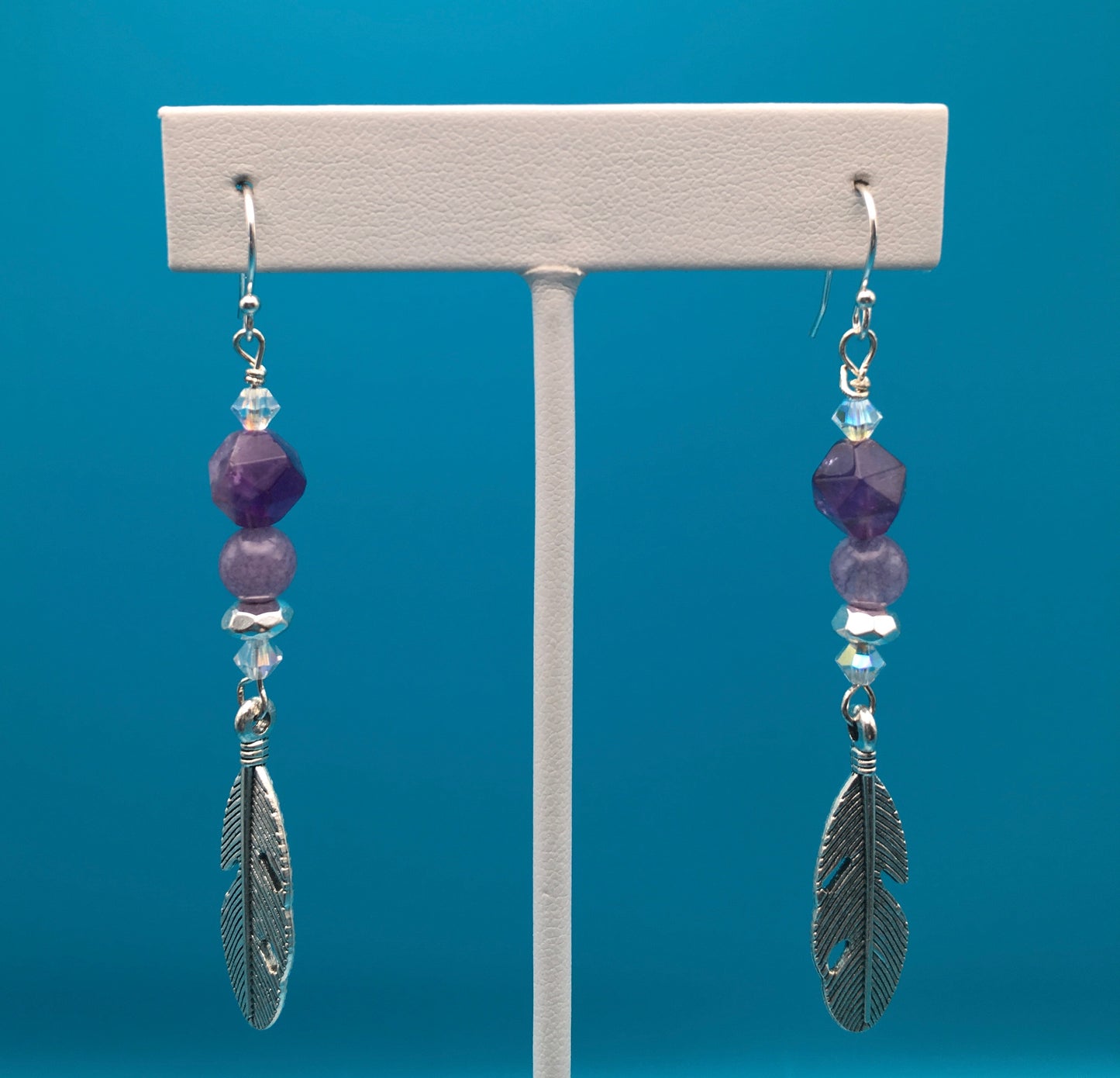 Amethyst Hematite Czech Crystal Feather Charm Earrings