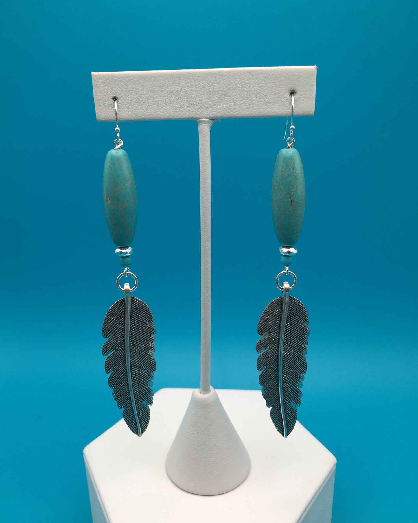 Turquoise Silver Plated Feather Charm Earrings