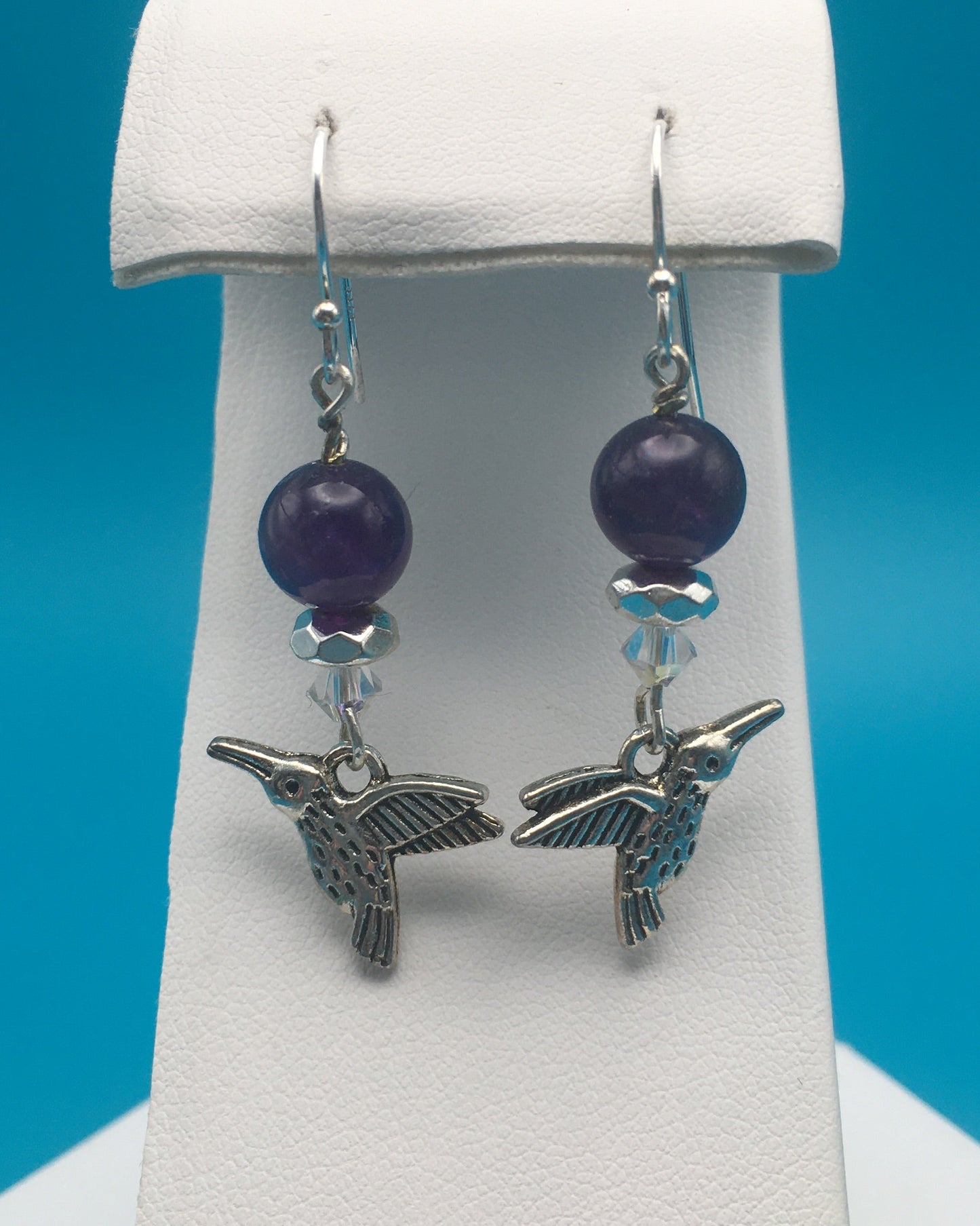 Amethyst Hematite Czech Crystal Hummingbird Charm Earrings