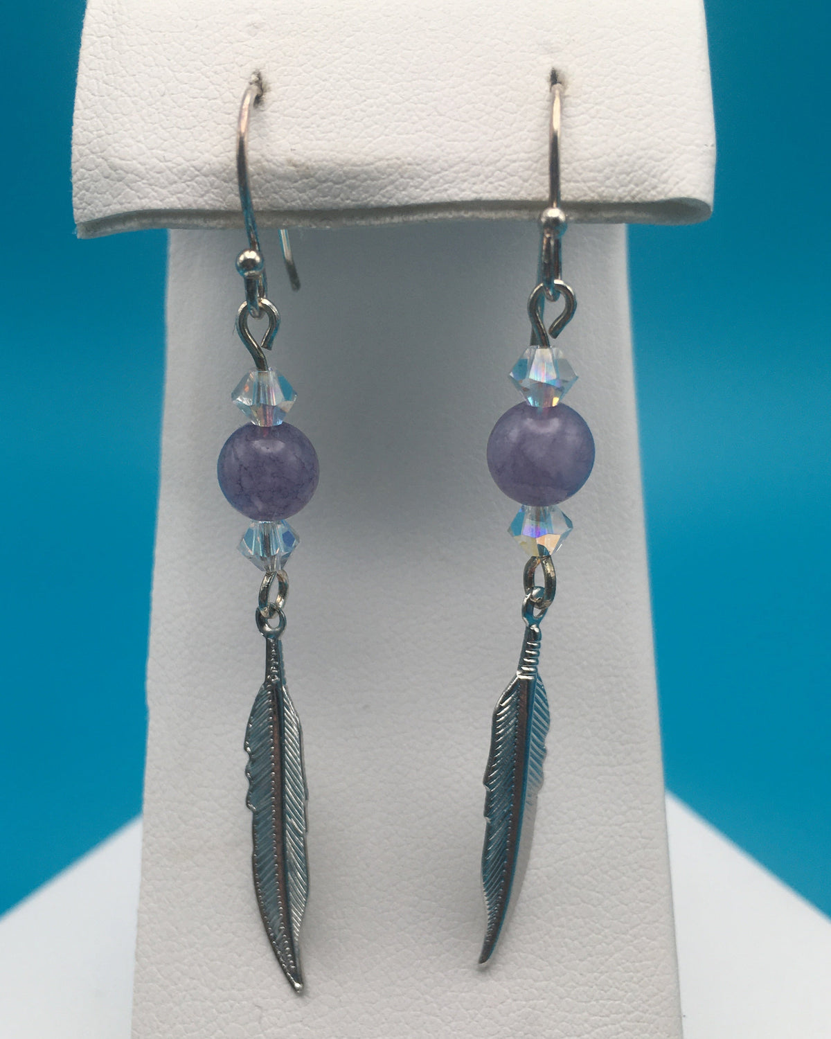 LQ Aquamarine Czech Crystal Feather Charm Earrings
