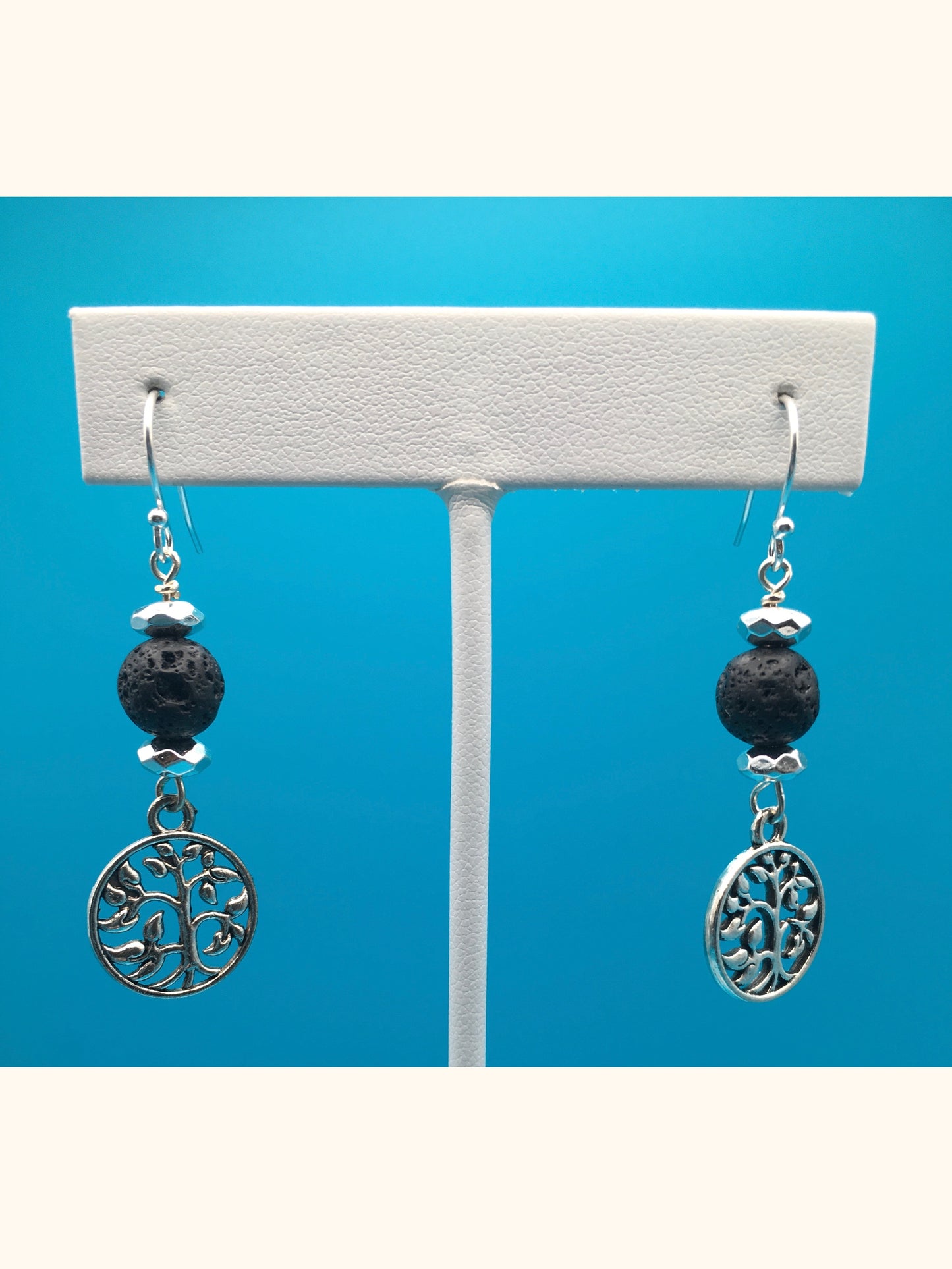 Lava Stone Hematite Tree Charm Earrings