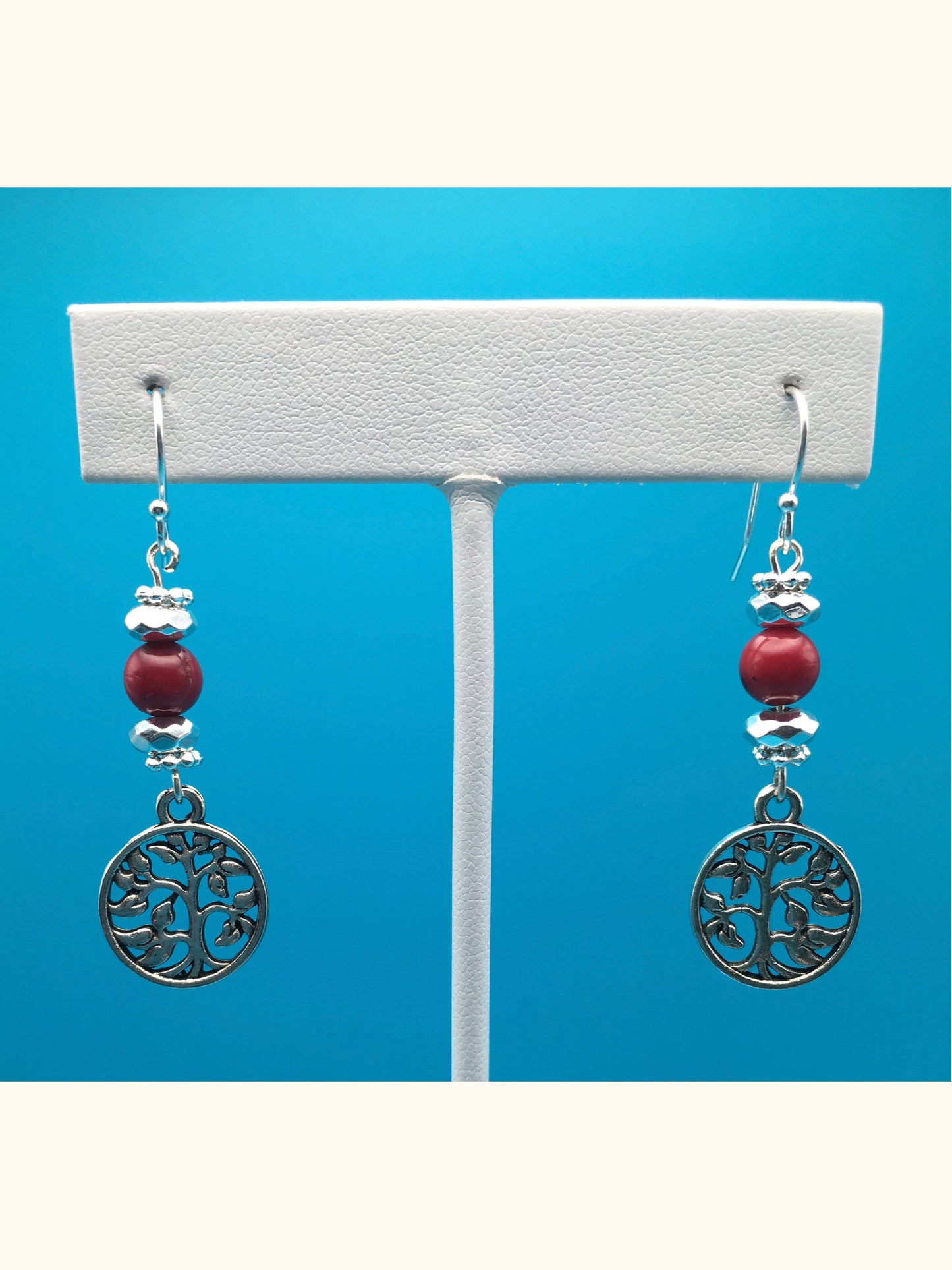 Red Bamboo Coral Hematite Tree Charm Earrings