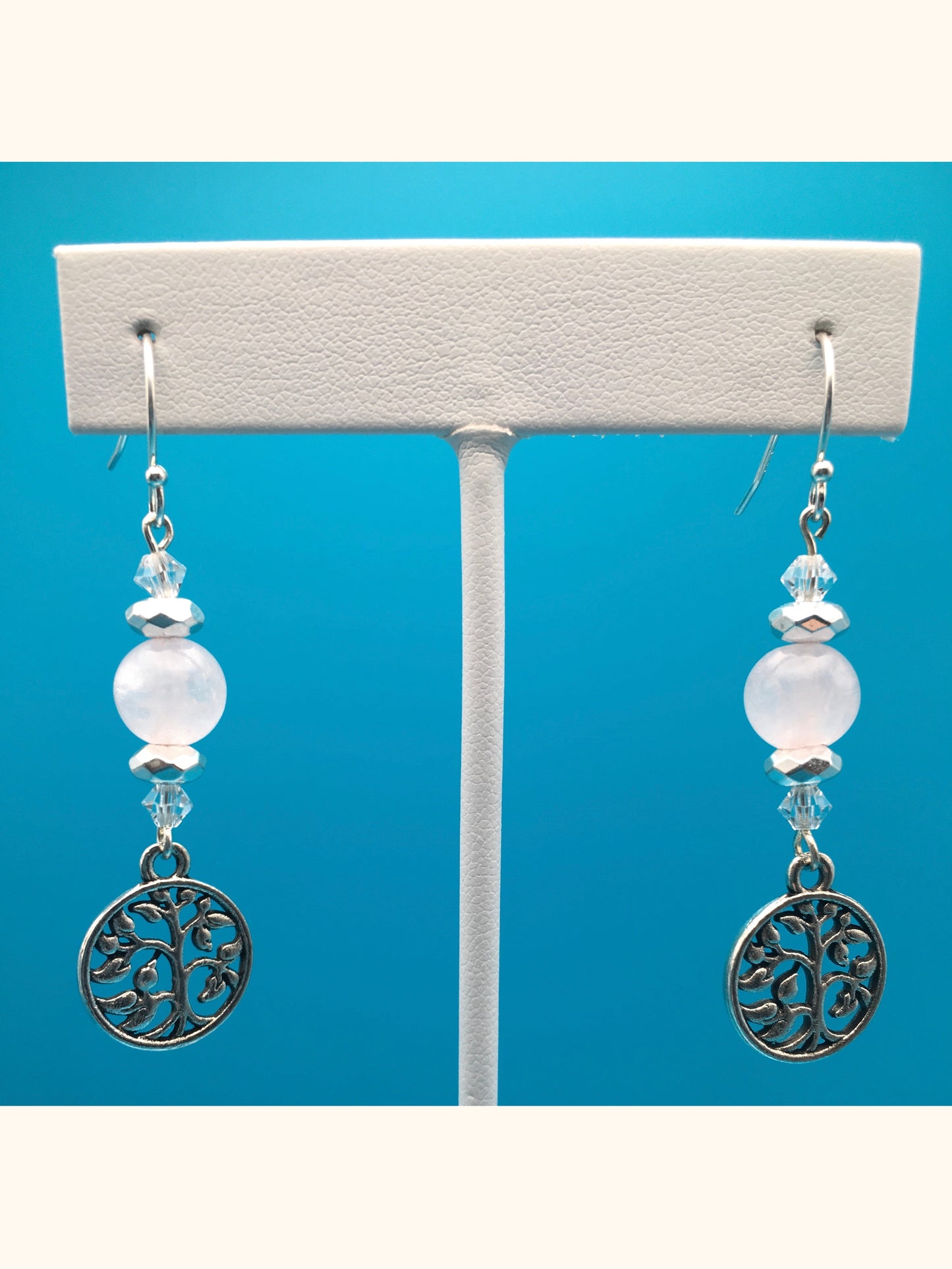 Rose Quartz Hematite Czech Crystal Tree Charm Earrings