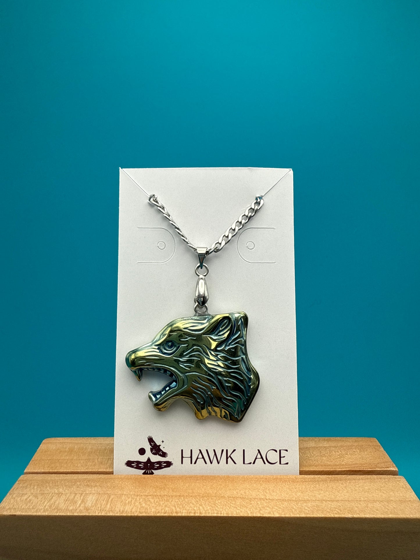 Green Blue Hematite Wolf Pendant