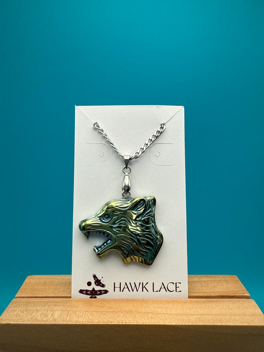 Green Blue Hematite Wolf Pendant