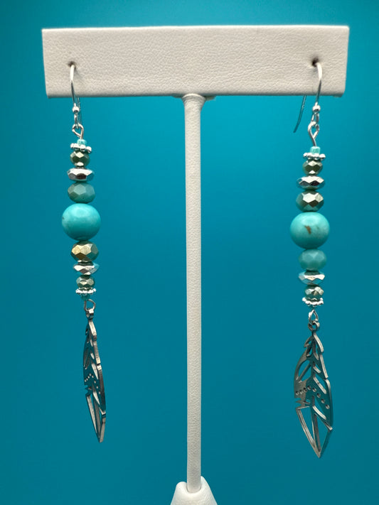 Turquoise & Hematite Lasercut Feather Earrings