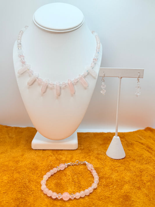 Rose Quartz Necklace, Earring & Bracelet set