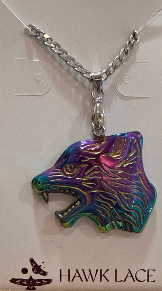 Titanium Rainbow Hematite Wolf Pendant w/ Stainless Chain
