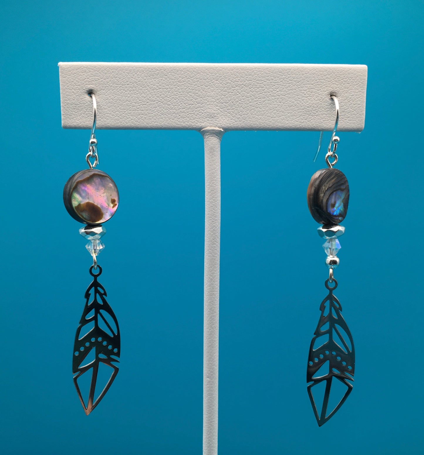 Black Lip Oyster Hematite Czech Crystal Feather Charm Earrings