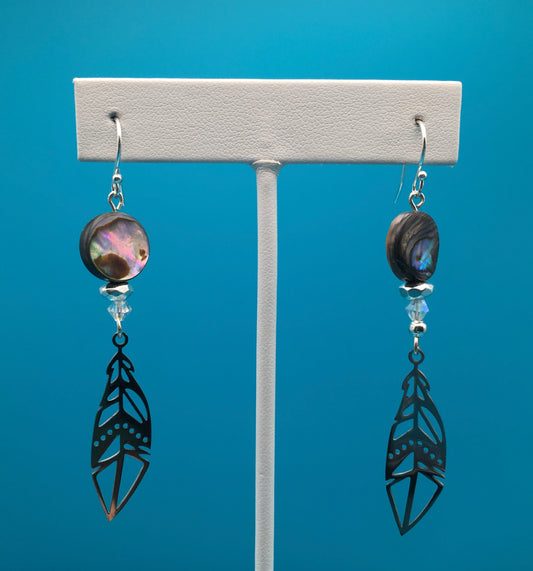 Black Lip Oyster Hematite Czech Crystal Feather Charm Earrings