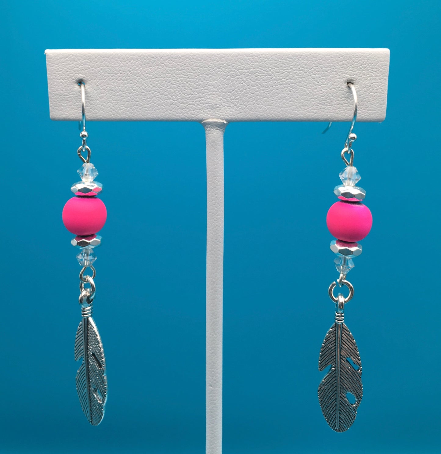 Pink Hematite Czech Crystal Feather Charm Earrings