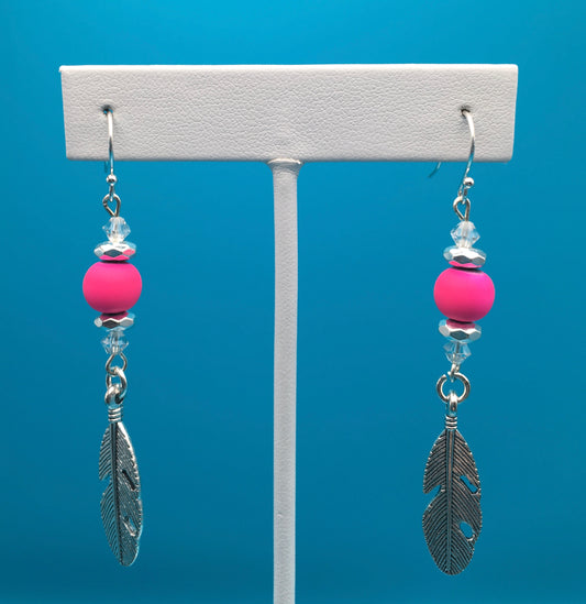 Pink Hematite Czech Crystal Feather Charm Earrings