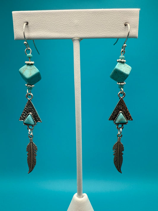 Square Turquoise Arrowhead Feather Earrings