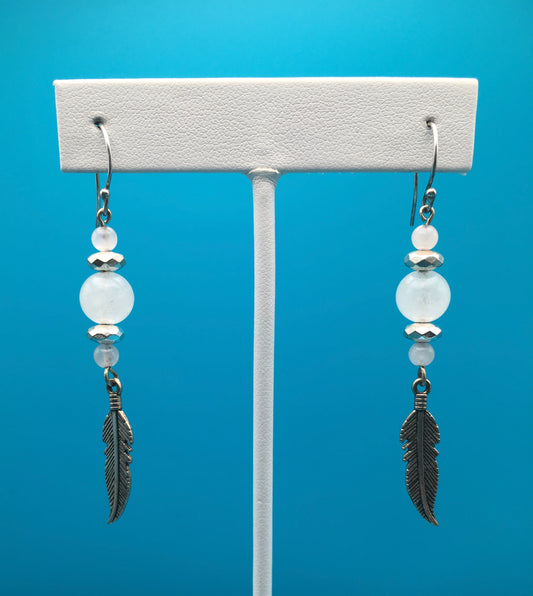 Rose Quartz Hematite Feather Charm Earrings