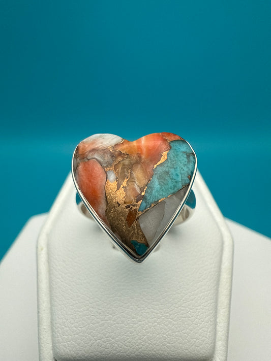 Spiny Oyster Arizona Turquoise Heart Shape Sterling Silver Ring