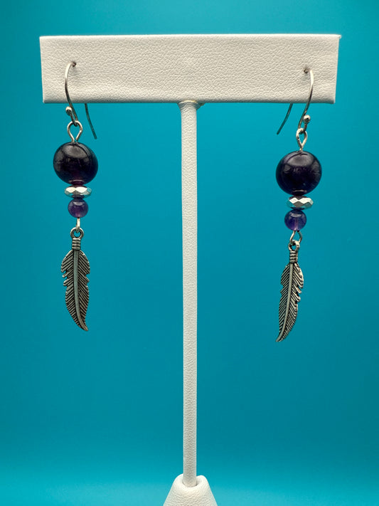 Amethyst Hematite Feather Earrings