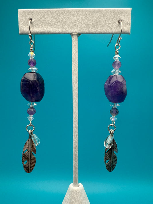 Large Amethyst Feather Earrings