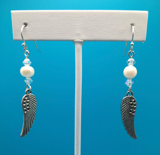 Pearl Czech Crystal Feather Charm Earrings