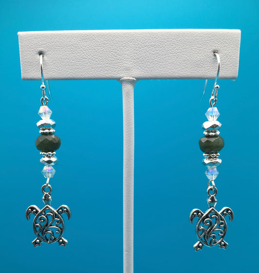 Faceted Jade Hematite Czech Crystal Turtle Charm Earrings