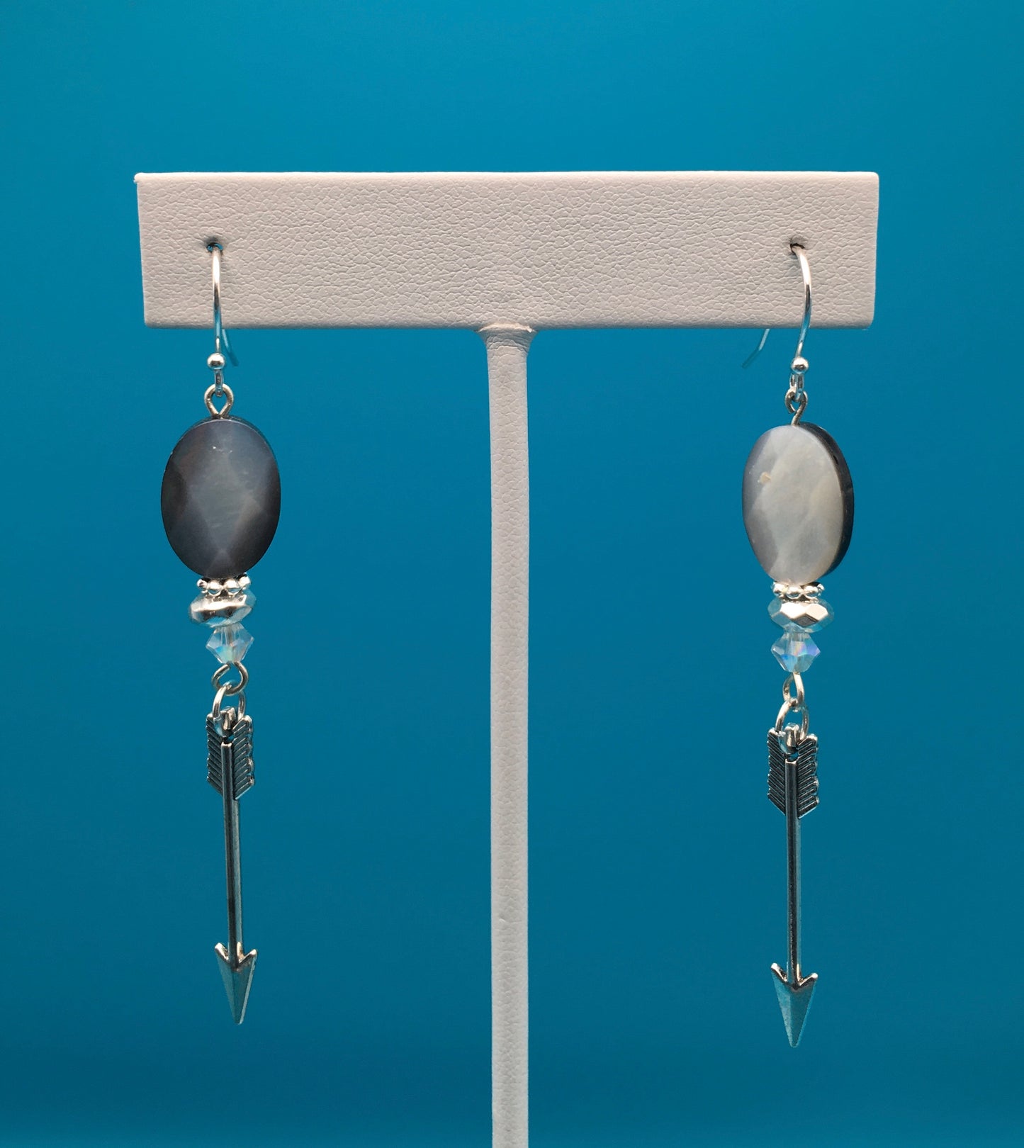 Black Lip Oyster Hematite Czech Crystal Arrow Charm Earrings