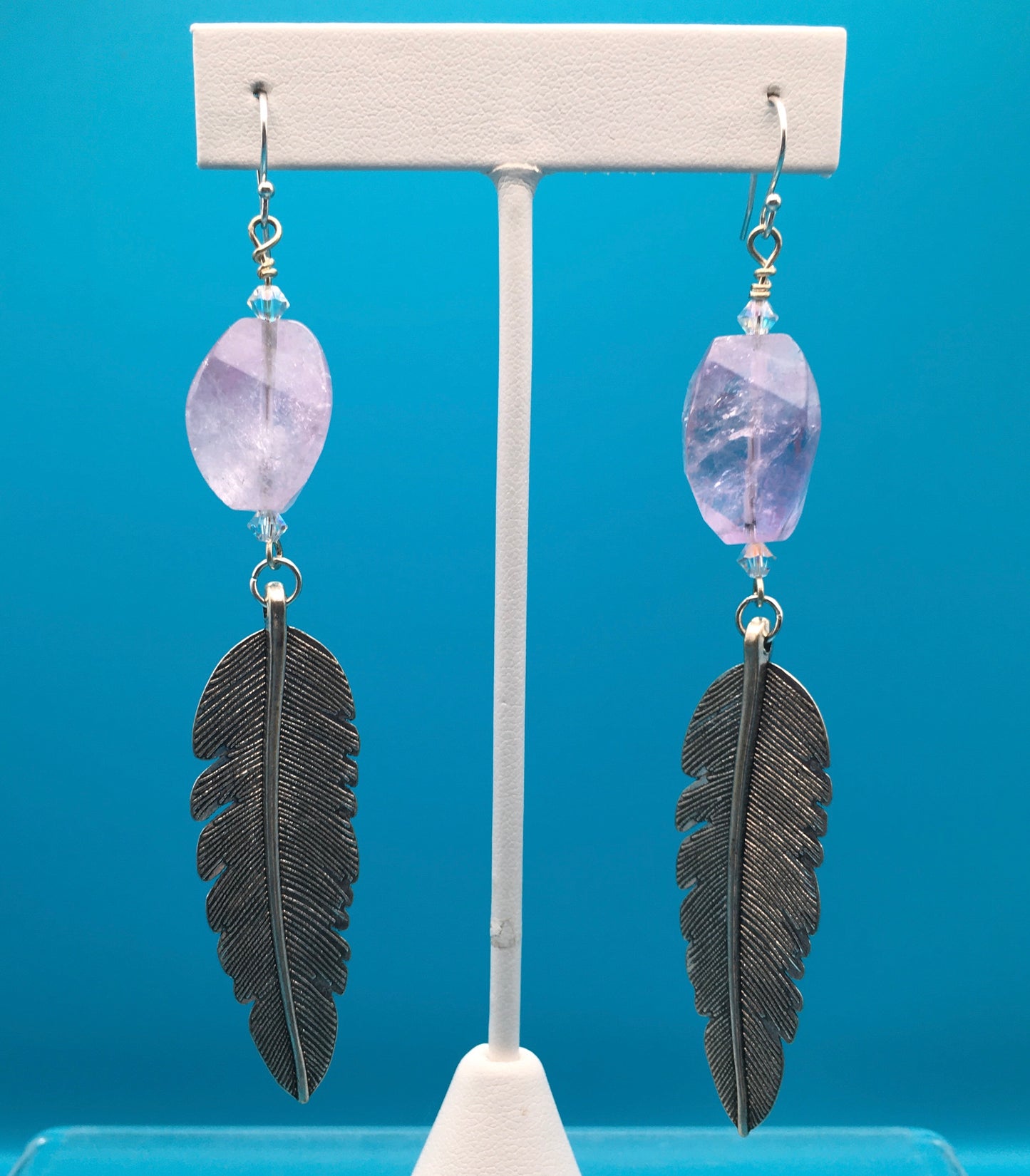 Amethyst Silver Plated Feather Charm Earrings