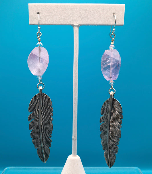 Amethyst Silver Plated Feather Charm Earrings