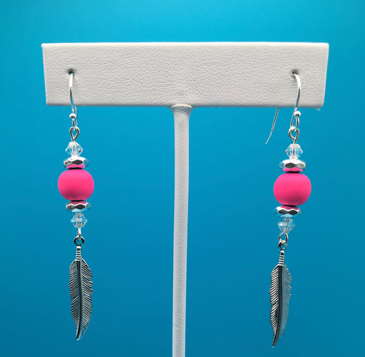 Pink Hematite Czech Crystal Feather Charm Earrings