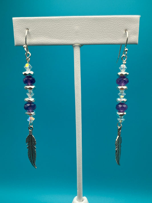 Amethyst Hematite Feather Earrings
