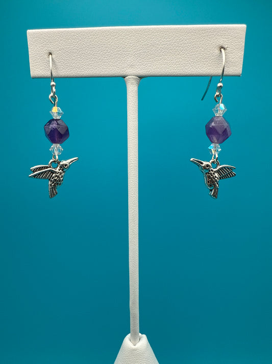 Amethyst & Czech Crystal Hummingbird Earrings