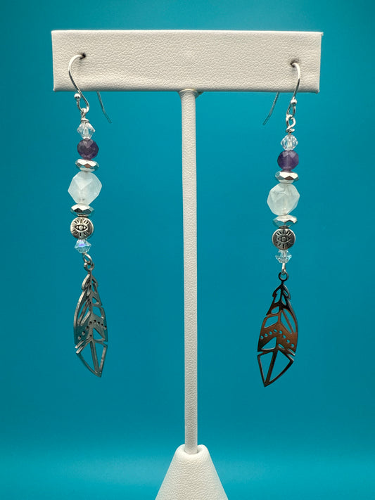 Quartz Hematite Feather Earrings