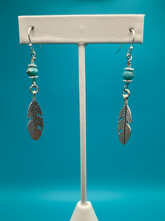 Turquoise colour Glass Feather Earrings