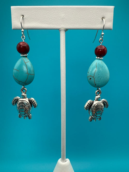Turquoise & Red Acrylic Turtle Earrings