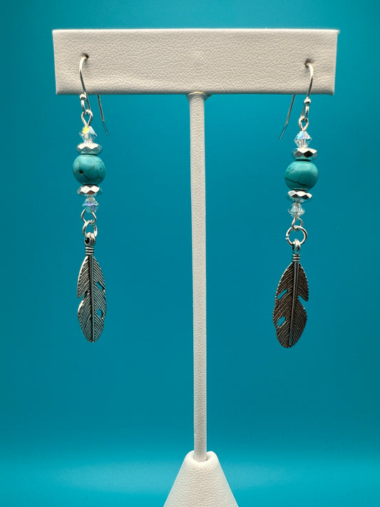 Turquoise Hematite & Crystal Feather Earrings
