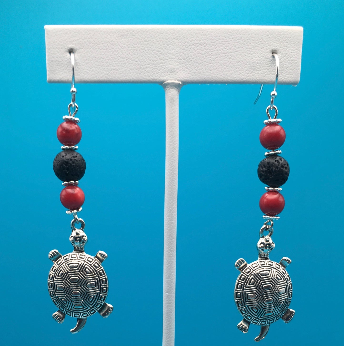 Red Bamboo Coral Lava Stone Turtle Charm Earrings