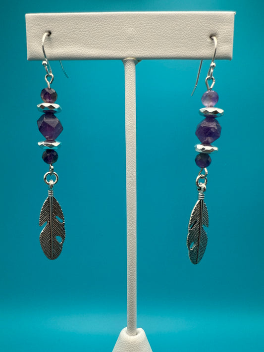 Amethyst Hematite Round Feather Earrings