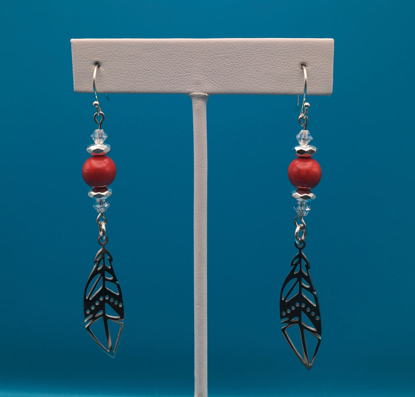 Red Dyed Jade Hematite Czech Crystal Feather Charm Earrings