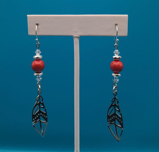Red Dyed Jade Hematite Czech Crystal Feather Charm Earrings