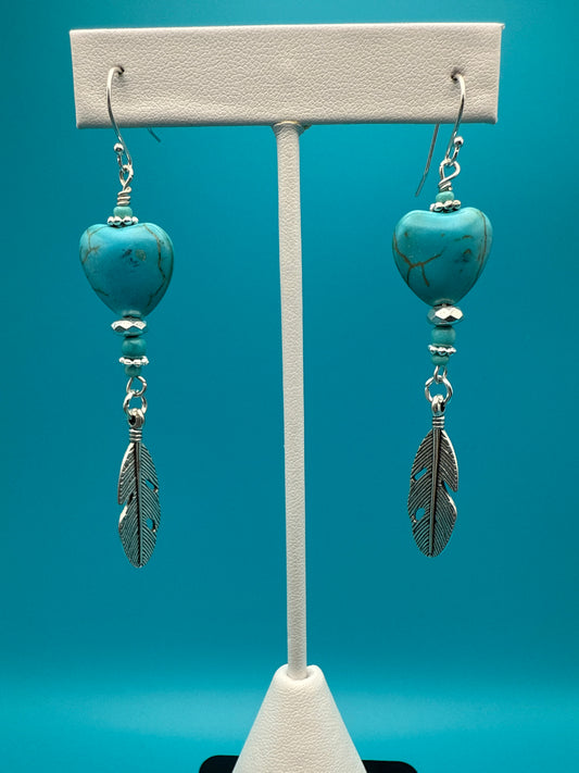 Hearts Shaped Turquoise Feather Earrings
