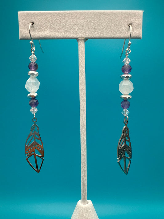 Quartz & Amethyst Hematite Feather Earrings