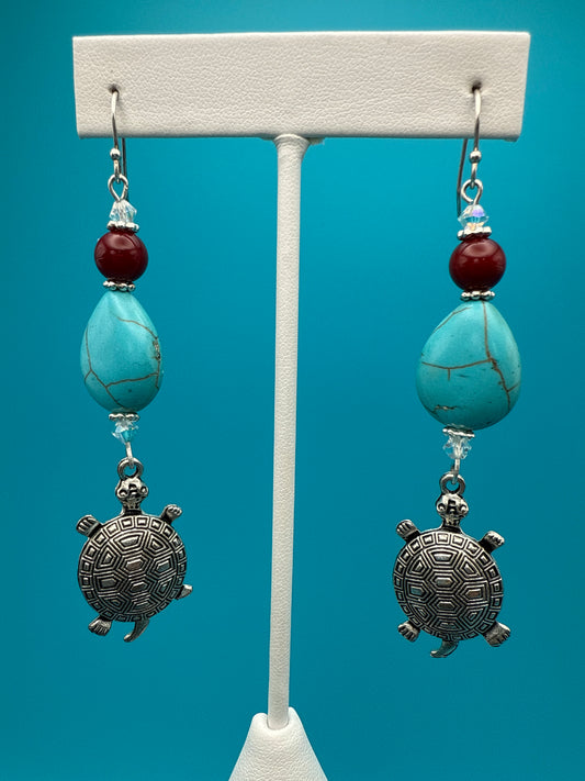 Turquoise & Red Acrylic Turtle Earrings