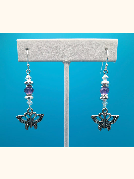 Amethyst Hematite Czech Crystal Butterfly Charm Earrings
